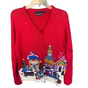 Vintage DonnKenny Christmas CardiganSweater Women Medium Embroidered Ramie Train